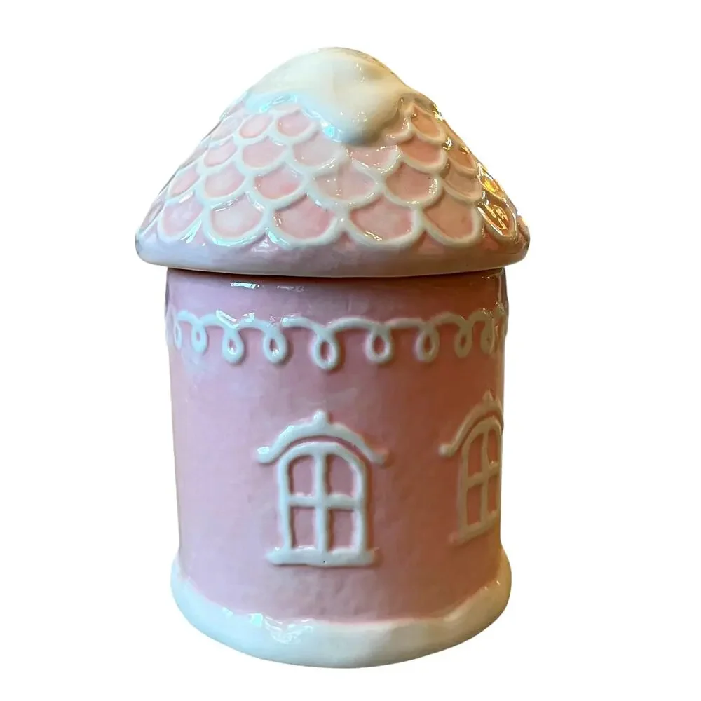 Pinkmas Gingerbread House Ceramic Canister Cookie Jar 7.5in Holiday NEW
